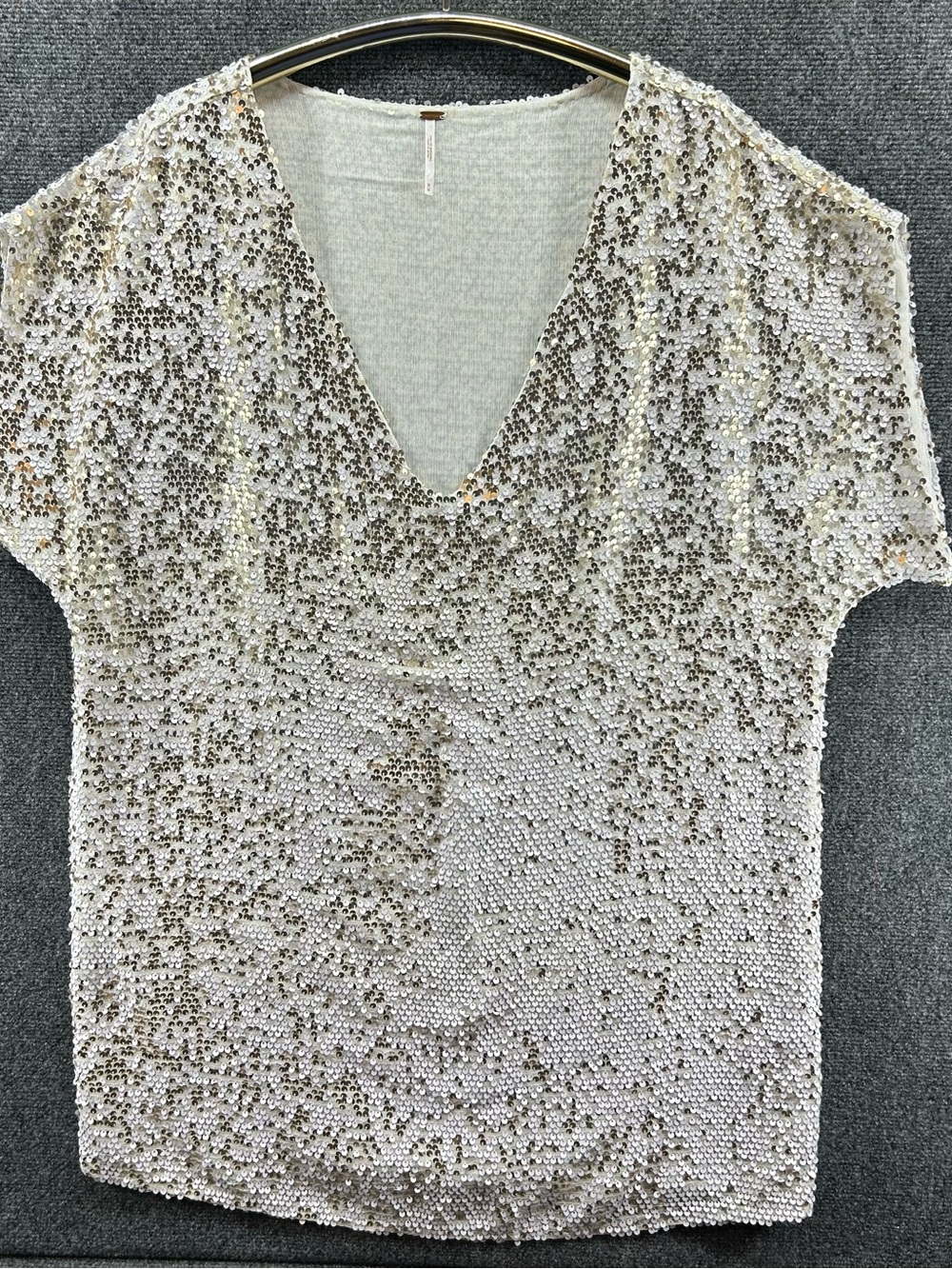 Free People Tunic Dress Medium White/Gold Sequins V-Neck Oversized Fairy Glam